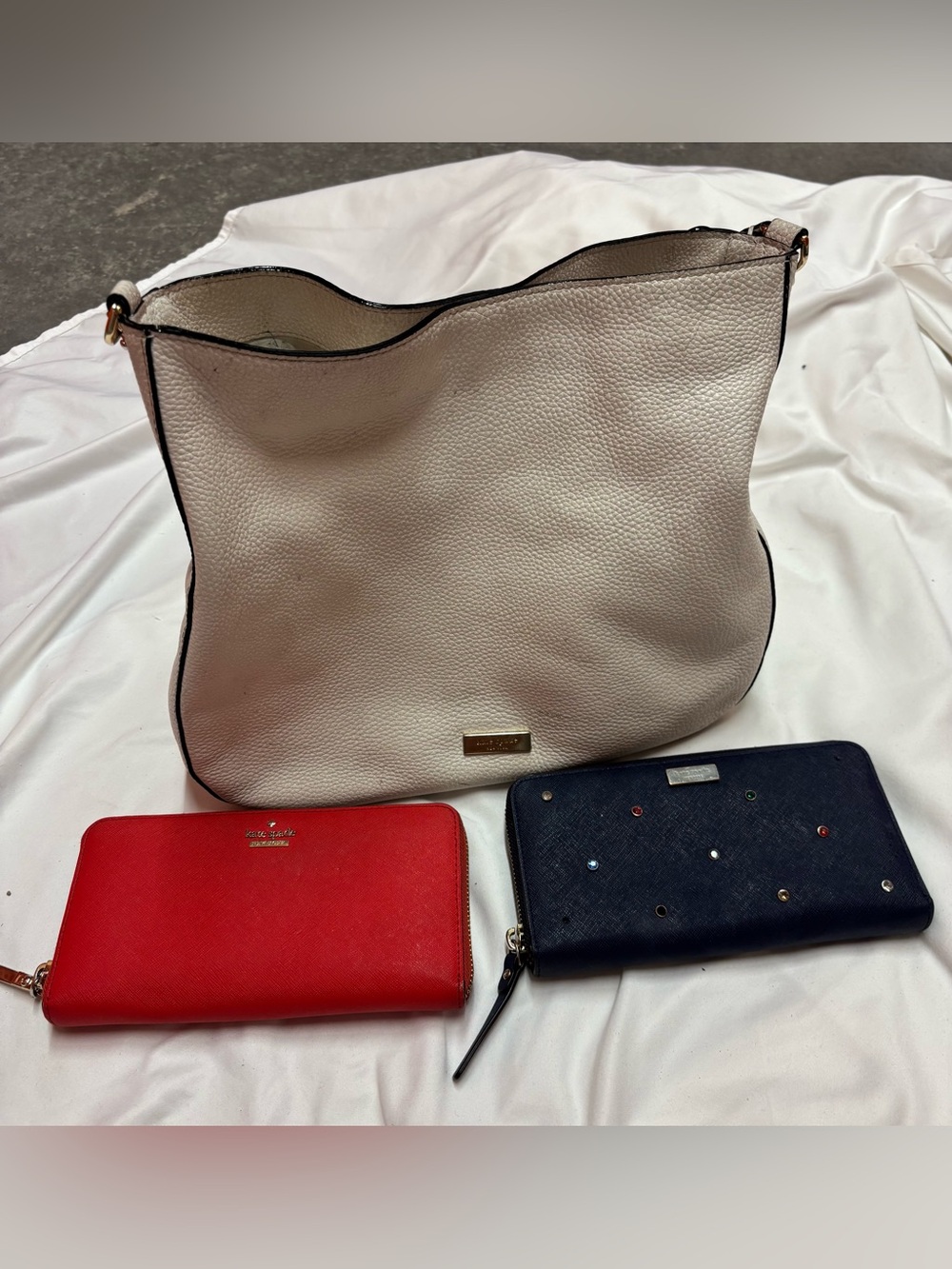 kate spade Bundle- Cream Leather Shoulder Bag PLUS Red Wallet and Navy Wallet